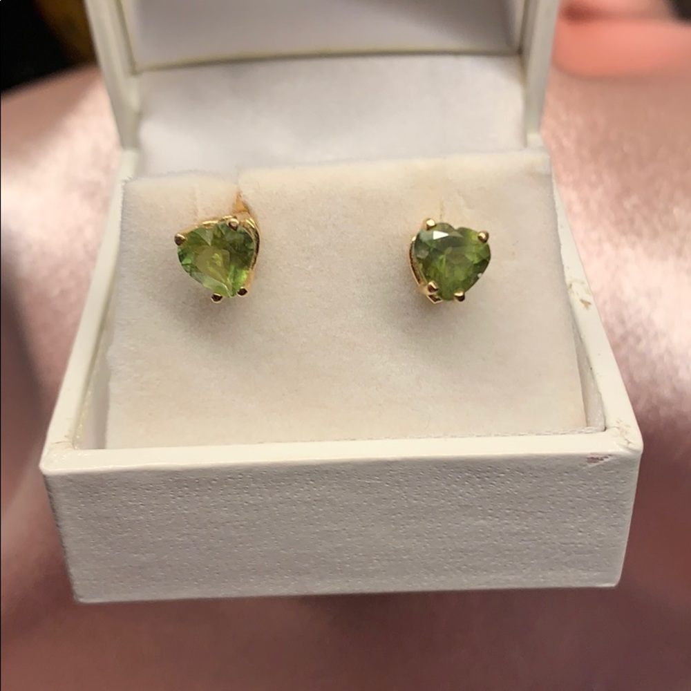 Peridot heart shaped 14k gold earrings deep stones